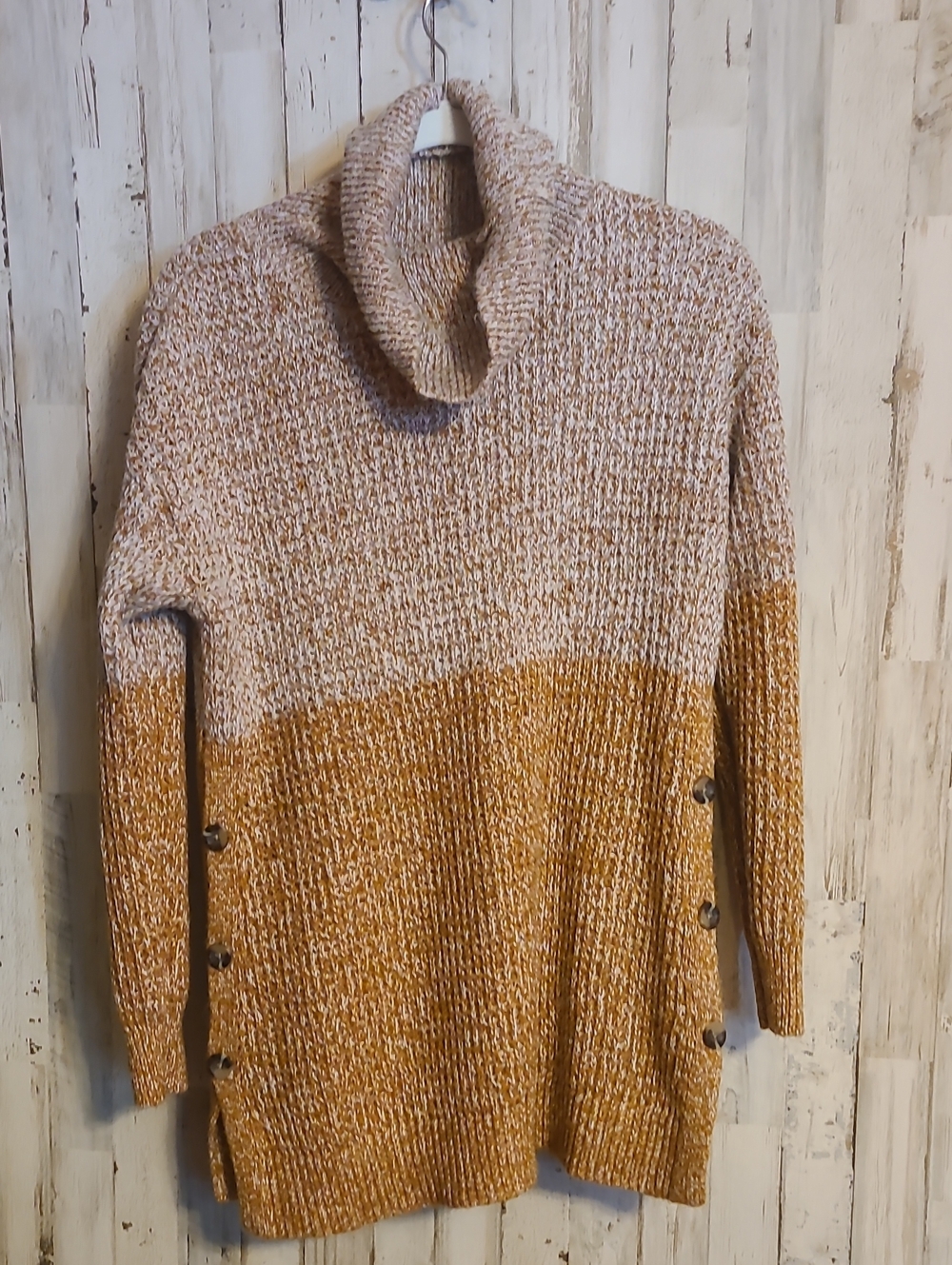 Women’s Two-Tone Turtleneck Sweater with Side Buttons - Beige & Mustard